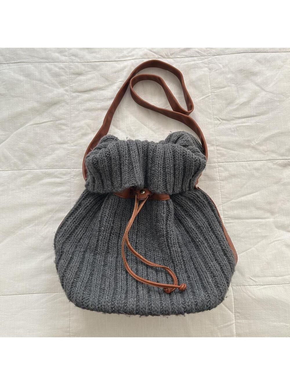 Grey Ribbed Knit Bucket Bag Mori Kei Boho Shoulder Bag Japan